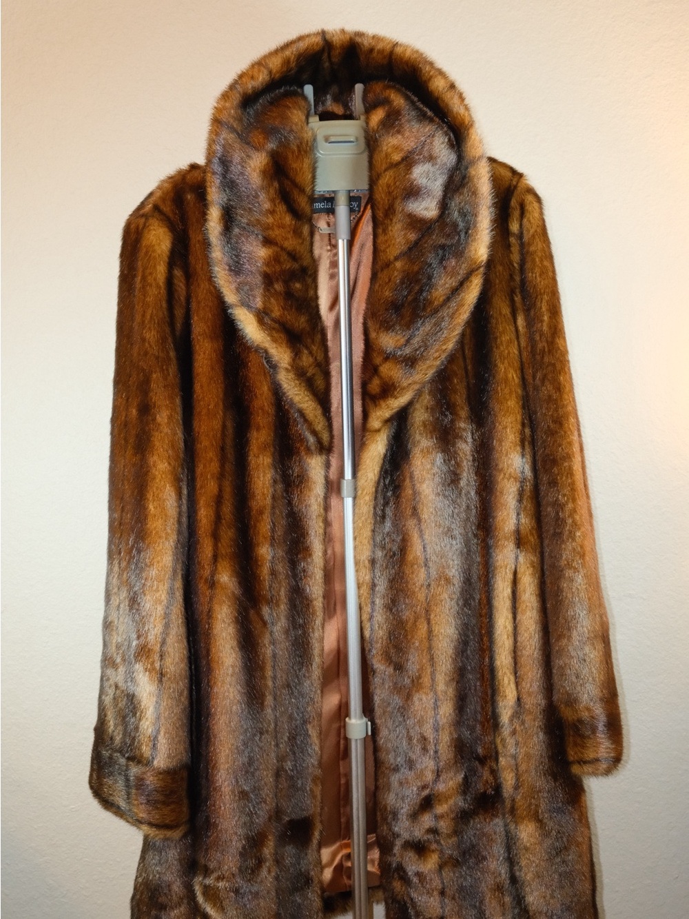 Pamela McCoy Brown Faux Fur Trench Coat with Shawl Collar